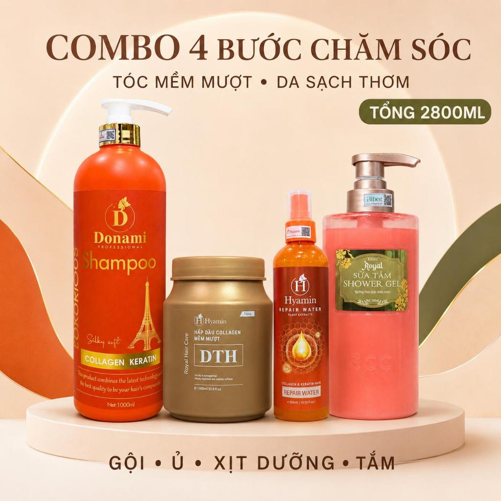 Combo Toàn Diện Dầu Gội Donami 1000ml Ủ Tóc Hyamin Sữa Tắm Bibee và Xịt Dưỡng Hyamin giúp tóc mềm mư