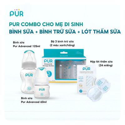 Combo đi sinh PUR gồm 1 bình advanced 60ml + 1 bình advanced 125ml, 1 bộ bình trữ sữa, 1 hộp miếng lót thấm sữa Pur