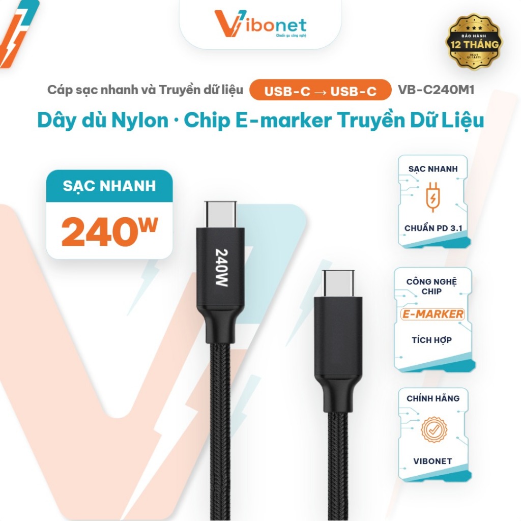 Cáp Sạc Nhanh 240W & Truyền Dữ Liệu TypeC - TypeC 1Mét - 2Mét Bện Kim Loại Chip E-Marker | Chính Hãng Vibonet VB-C240M1