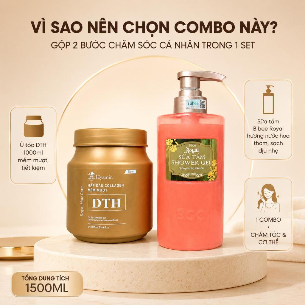 Combo Kem Ủ Tóc Collagen DTH Hyamin Mềm Mượt 1000ml Sữa Tắm Dưỡng Ẩm Bibee Royal 500ml