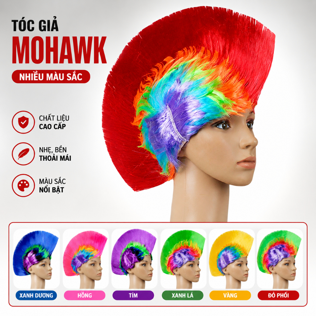 Tóc Giả Mohawk Cầu Vồng Nhiều Màu – Tóc Mohican Hóa Trang Cosplay, Cổ Vũ Bóng Đá, Lễ Hội, Party