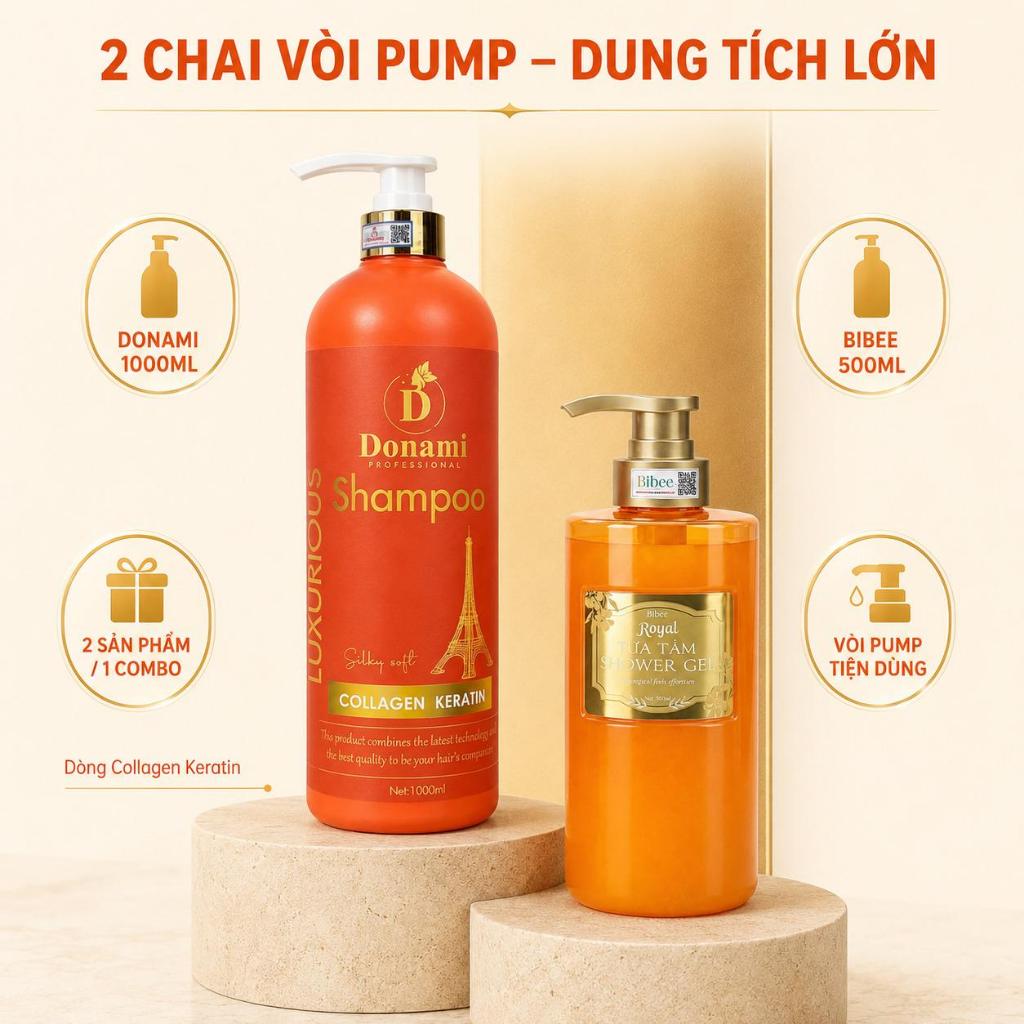 Combo Tắm Gội Phục Hồi Tóc Dầu Gội Donami Collagen 1000ml Sữa Tắm Bibee Royal 500ml