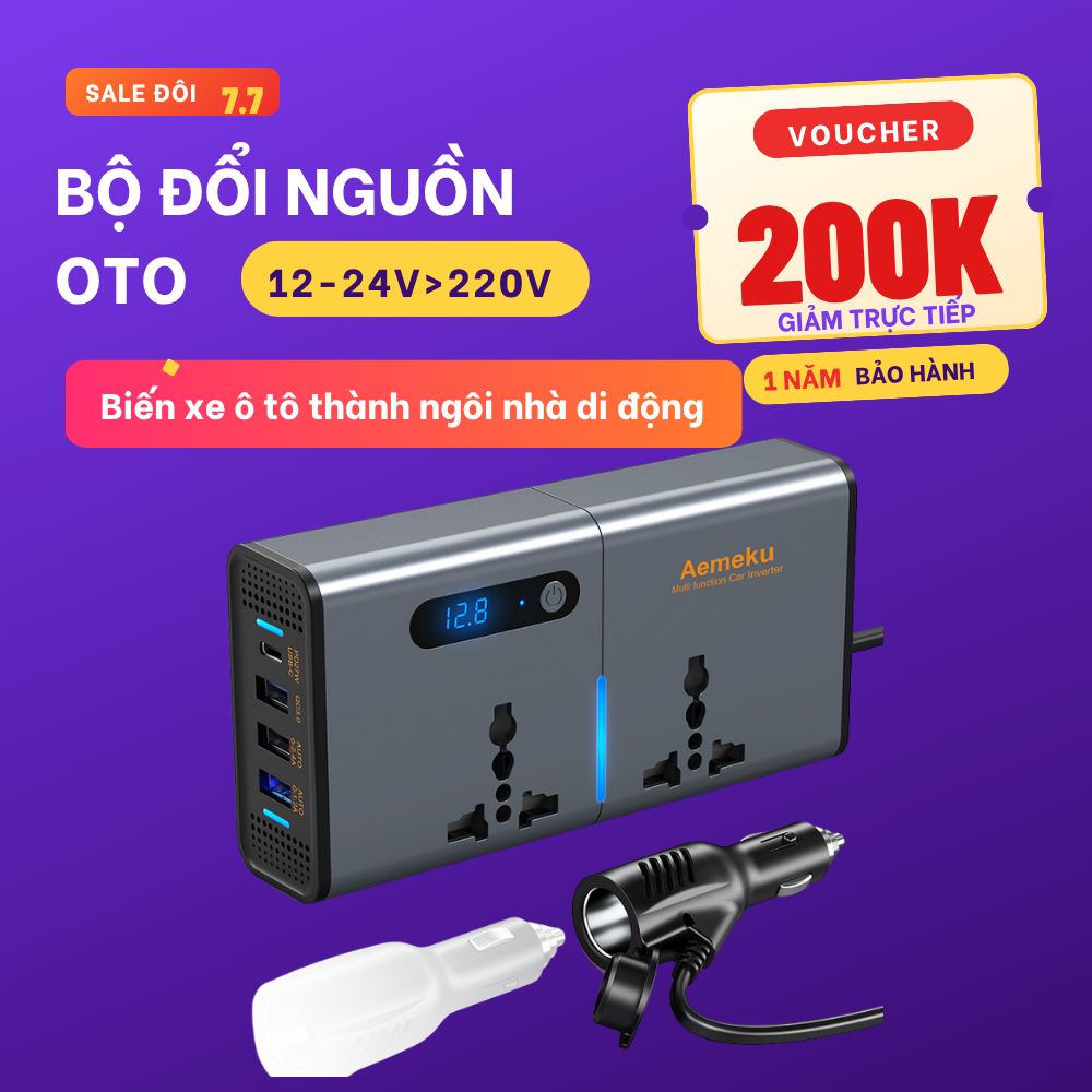 Bộ đổi nguồn 12V/24V sang 220V AEMEKU, bộ biến tần 12V/24V sang 220V công suất 200W hỗ trợ sạc nhanh