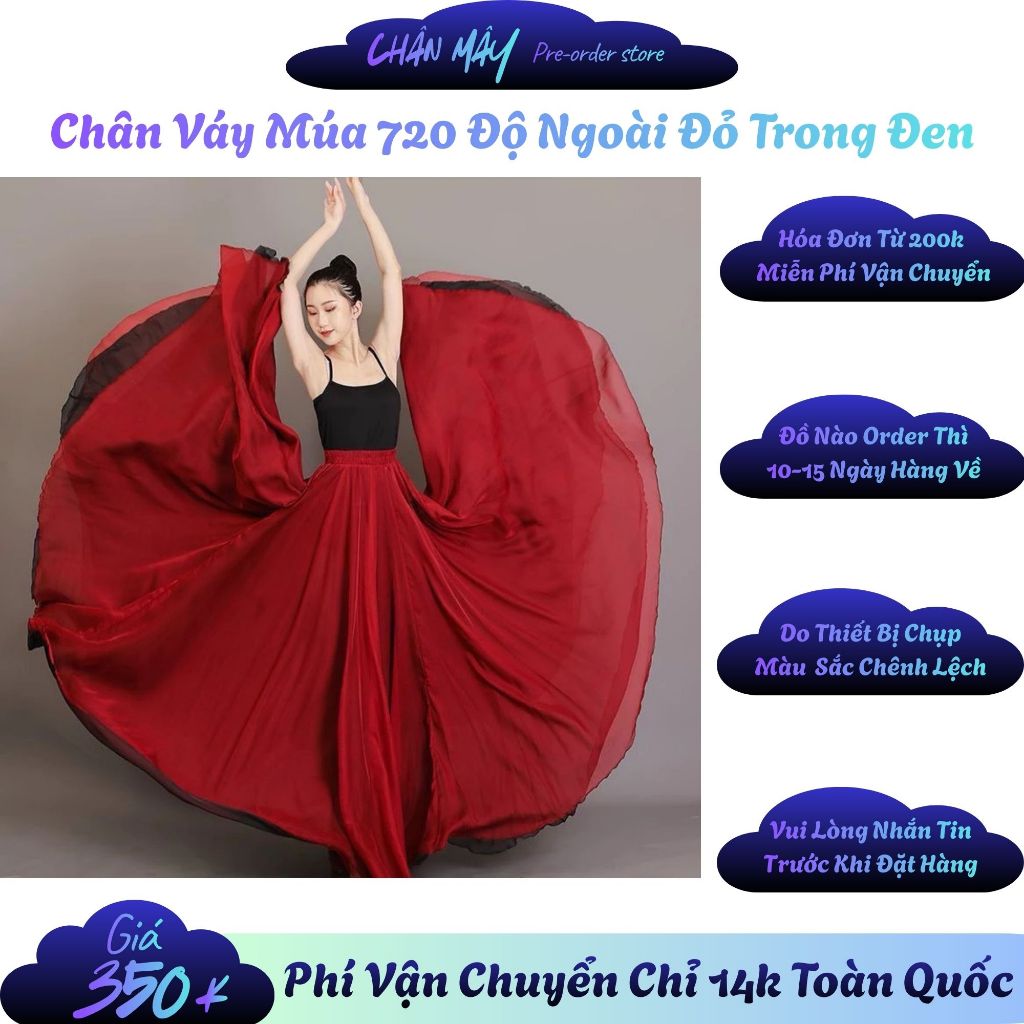 [Order] Chân Váy Múa 720 Độ Ngoài Đỏ Trong Đen