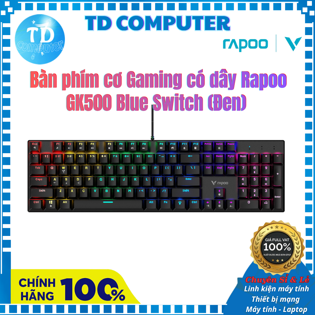 Bàn phím cơ Gaming có dây Rapoo GK500 Blue Switch (Đen) - Hàng chính hãng