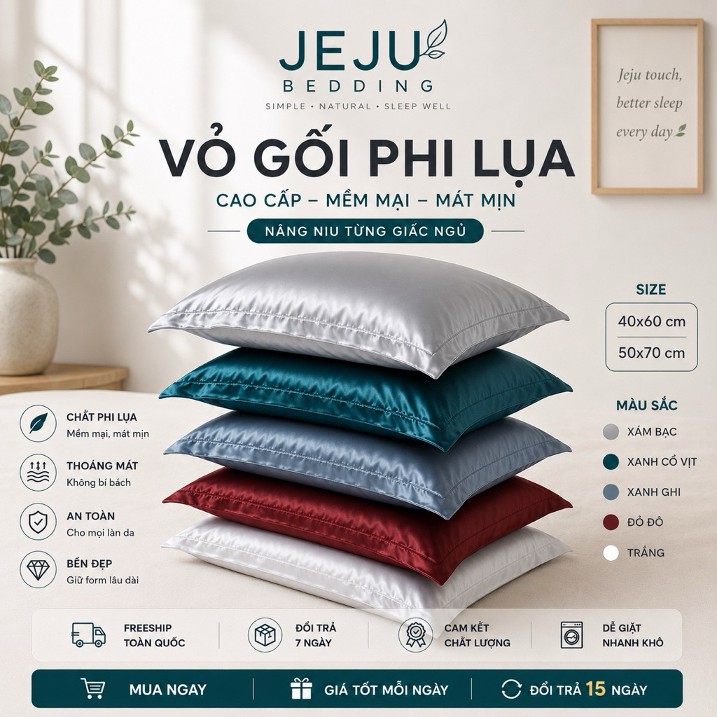Vỏ Gối Phi Lụa Jeju [Loại 1] – Mềm Mịn, Không Xù – Giặt Máy – Size 40x60 / 50x70 – Nhiều Màu Cao Cấp