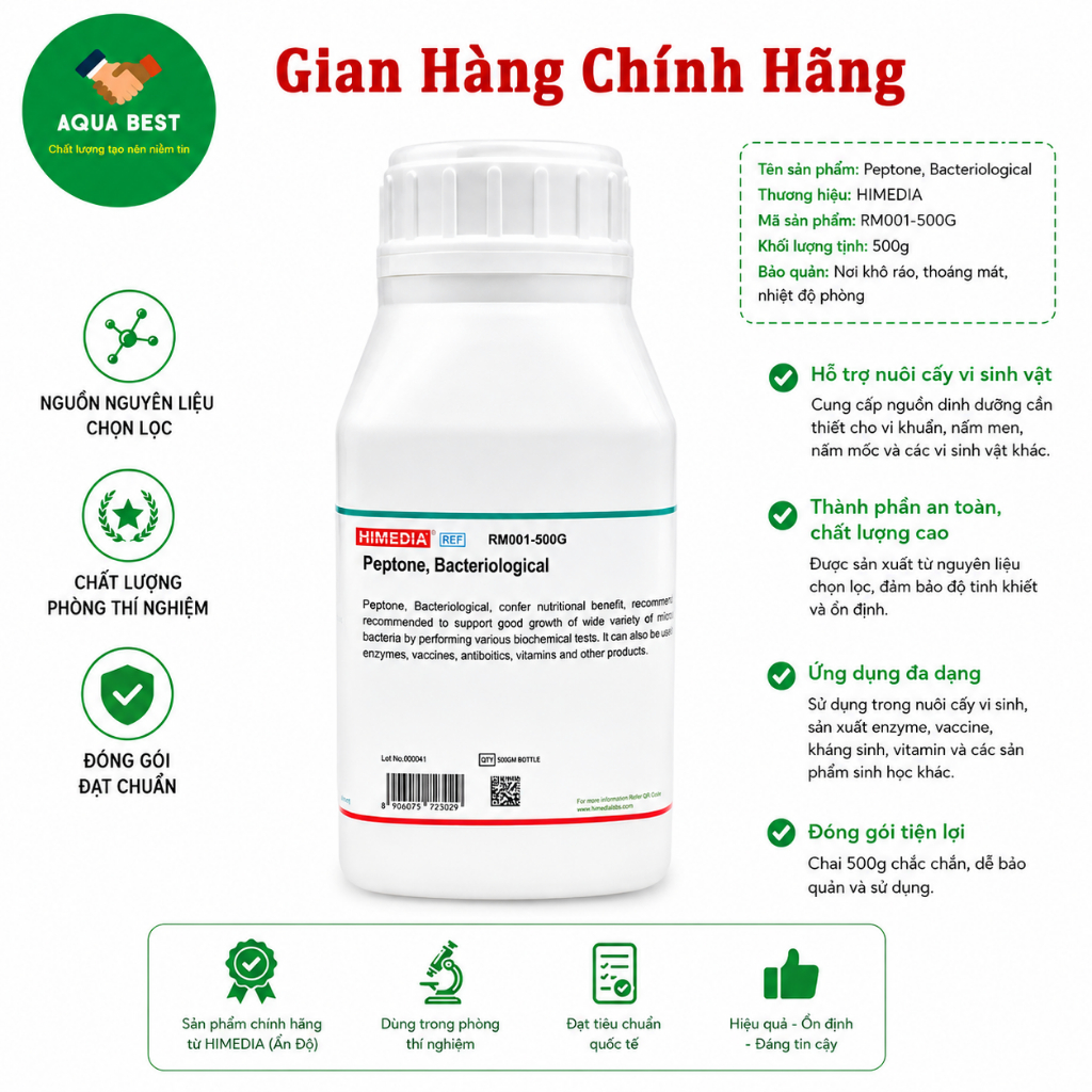 [Chính Hãng] Môi trường Peptone, Bacteriological, Mã RM001 500gram, Hãng Himedia Ấn độ