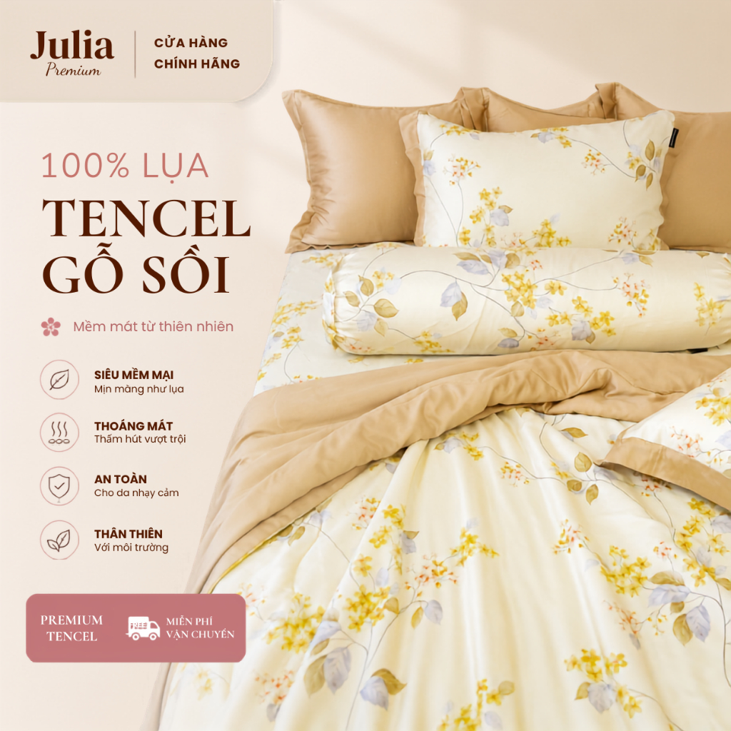 Bộ Chăn Ga Gối Lụa Tencel 100% Gỗ Sồi Cao Cấp Julia- Mềm Mịn, Mát Lạnh, Ga Giường Bọc Thun -SIZE 2Mx
