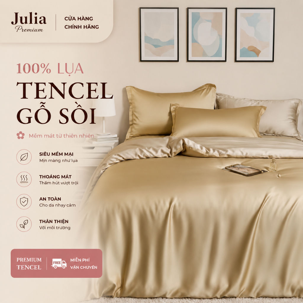 CHĂN GA GỐI LỤA TENCEL GỖ SỒI SIÊU MÁT MỊN MÀU TRƠN HÀN QUỐC JULIA