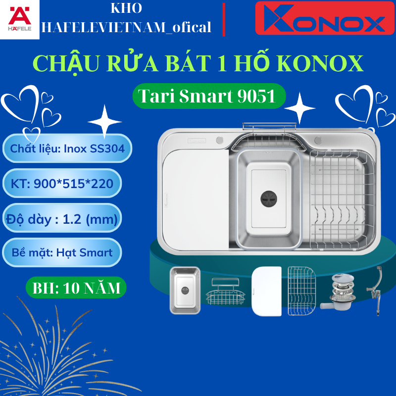 CHẬU RỬA BÁT INOX 1 HỐ KONOX TARI SMART 9051, Bề mặt Hạt Smart