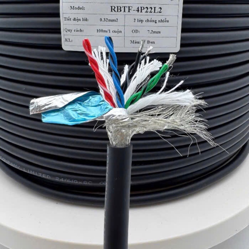 Dây cáp tín hiệu Xoắn cặp chịu gập 4P 22awg, 24awg tiết 2 lớp chống nhiễu. RS485 4P 8 lõi