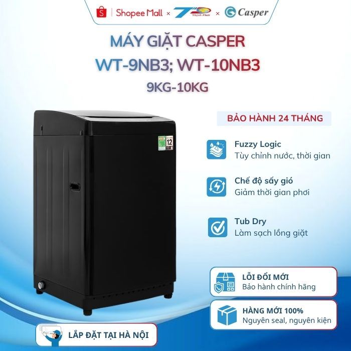 Máy giặt Casper WT-9NB3; WT-10NB3 9-10kg lồng đứng màu đen, bảo hành chính hãng 24 tháng, mới 100%