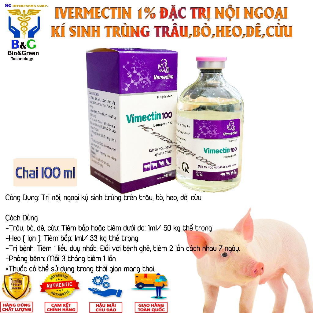 VIMECTIN 100 hỗ trợ nội ngoại ký sinh, bệnh ghẻ, xà mâu trên chó, heo, trâu, bò, dê, cừu