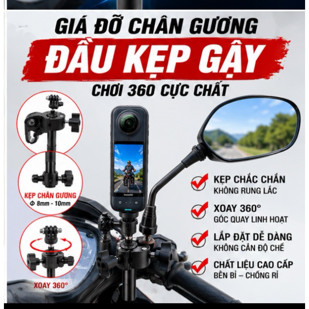 Phụ Kiện Insta360 X4 - Giá Đỡ Chân Gương Đầu Kẹp Gậy 360
