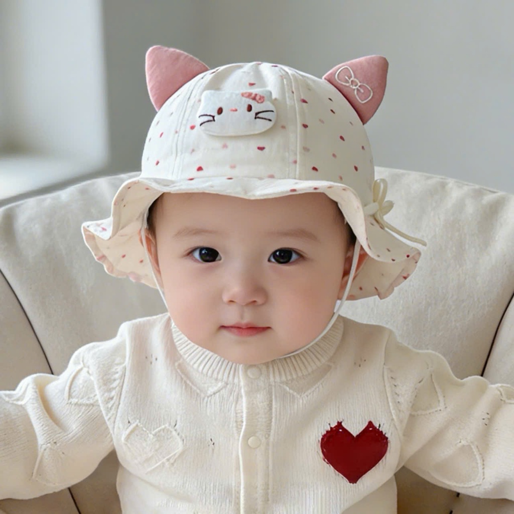 Mũ Vành Tròn Chấm Bi Mèo Kitty MU350 Cho Bé 5-24 Tháng - Mũ Chống Nắng Cotton Mềm Mại, Mũ Bé Gái Dễ 