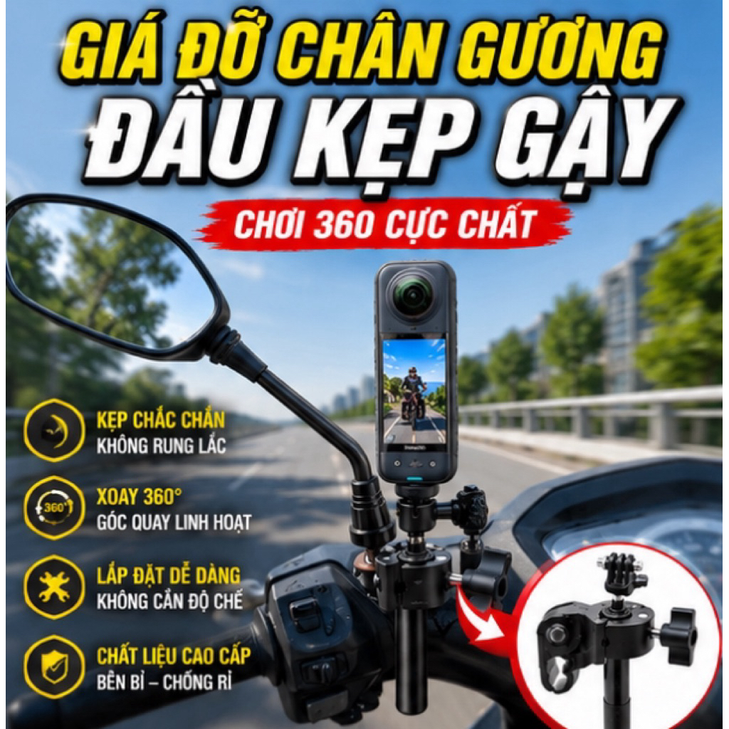 Giá đỡ chân gương đầu kẹp gậy 360 cho Insta360 X4 | Giá đỡ camera xe máy