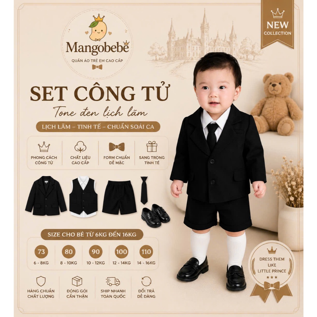 MANGOBEBE-Set vest veston cho bé trai dự tiệc – form đứng lịch lãm, Chất vải cao cấp thoáng mát,