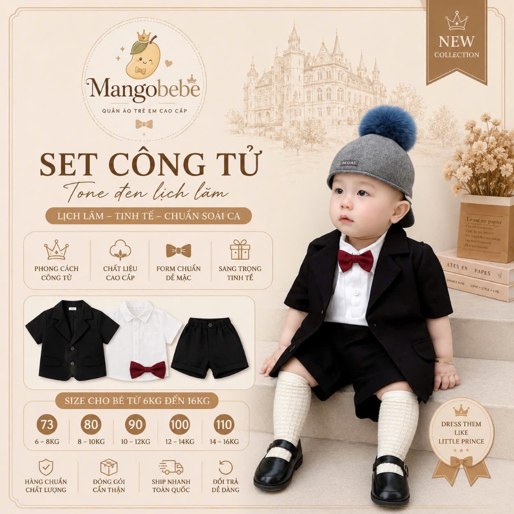 MANGOBEBE-Set công tử ngắn đen 4CT tặng nơ đỏ cho bé trai cực sang đẹp