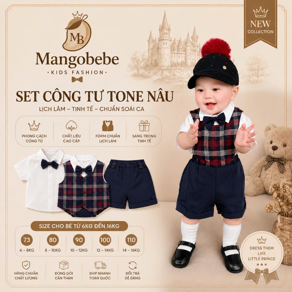 MANGOBEBE-Set tổng đài yếm caro phối nơ nâu cho bé trai đi tiệc thôi nôi