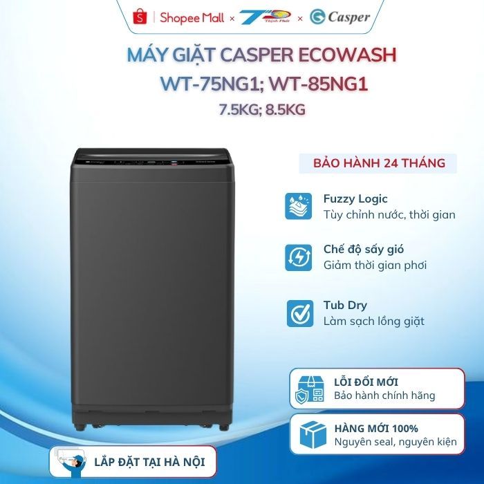Máy giặt Casper WT-75NG1; WT-85NG1 7.5kg-8.5kg EcoWash lồng đứng|Bảo hành chính hãng, mới 100%