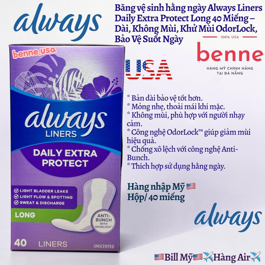 [🇺🇸 Hàng Mỹ] Băng vệ sinh hàng ngày Always Liners Daily Extra Protect (Long – 80 miếng)