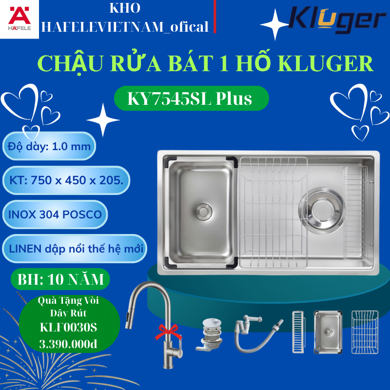 { TẶNG VÒI DÂY RÚT } CHẬU RỬA CHÉN BÁT Kluger KY7545SL Plus PHONG CÁCH MỚI