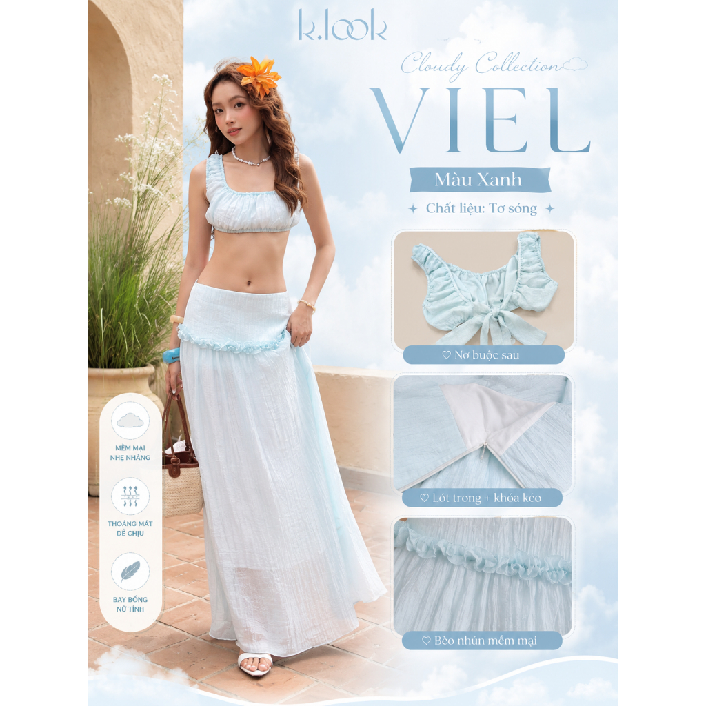 [KLOOK] Set nữ VIEL màu xanh nhạt – Áo croptop nhún buộc nơ lưng phối chân váy maxi bèo | BST Cloudy