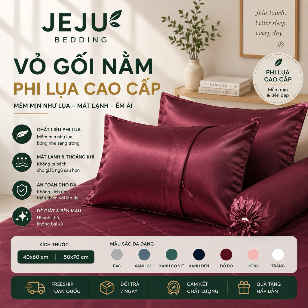 Áo Gối Nằm Phi Lụa JejuBedding – Size 40x60 / 50x70 – Mềm Mịn, Mát Lạnh – Nhiều Màu Cao Cấp