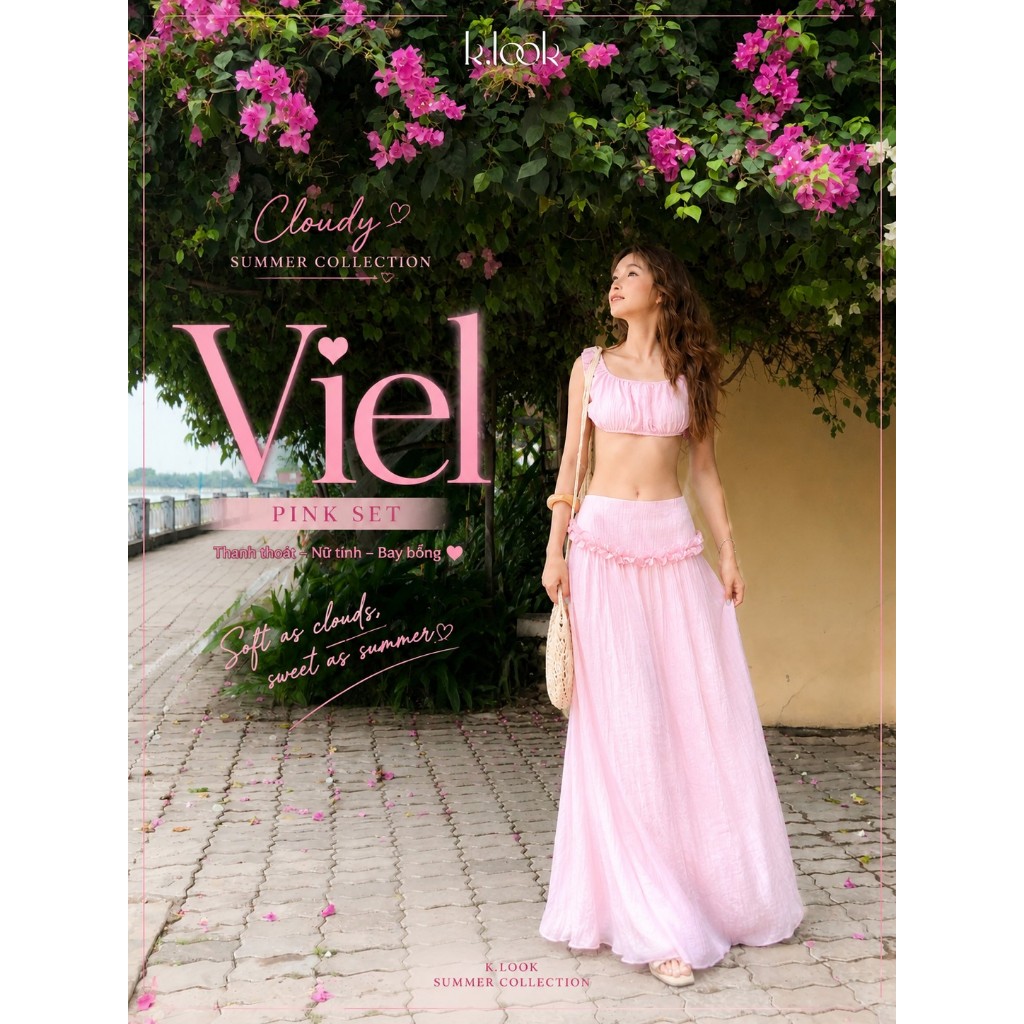 [KLOOK] Set nữ VIEL màu hồng pastel – Áo croptop nhún buộc nơ lưng phối chân váy maxi bèo | BST Clou