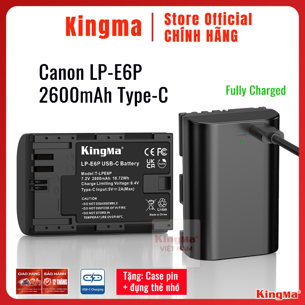 Kingma LP-E6P 2600mAh Type-C | Pin sạc trực tiếp Type-C máy ảnh Canon EOS R63 R52 R R52 R6 R5 5D2 5D