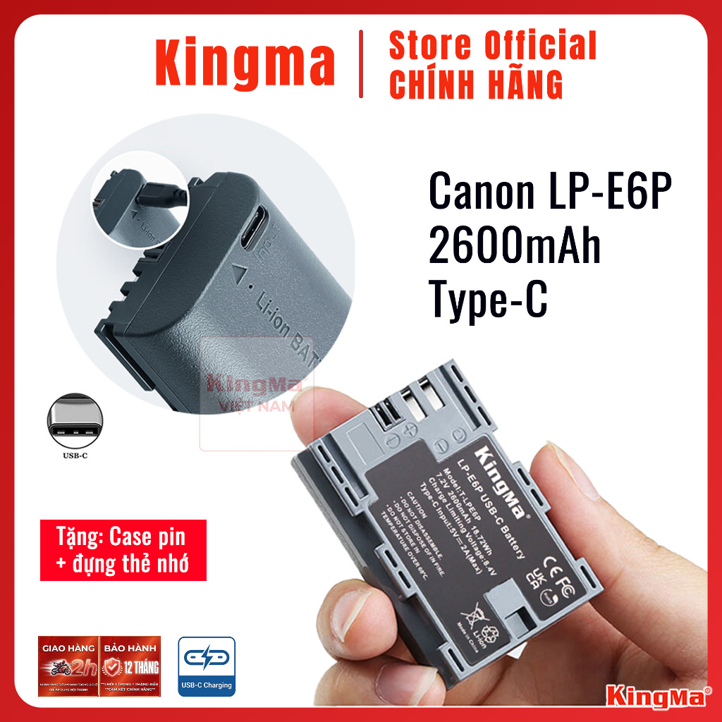 Kingma Canon LP-E6P 2600mAh Type-C | Pin sạc trực tiếp Type-C máy ảnh Canon EOS R63 R52 R R52 R6 R5 