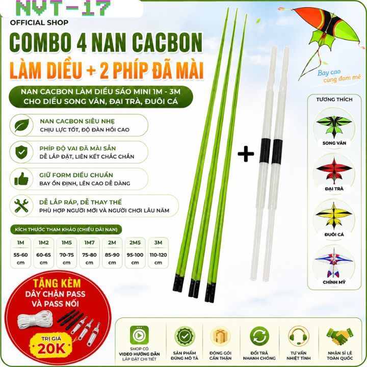 Combo 4 Nan Cacbon Làm Diều (mài sẵn) + Phíp Độ Vai Diều, Nan Cacbon làm Diều Sáo Mini 1m-3m, Diều S