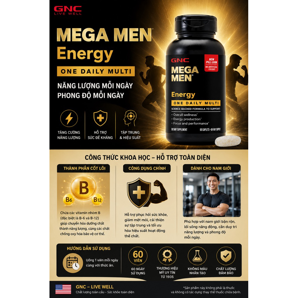 [CHÍNH HÃNG] GNC Mega men Energy one daily multivitamin - Bổ sung năng lượng, cải thiện tập trung, h