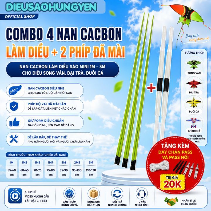 Combo 4 Nan Cacbon Làm Diều (mài sẵn) + Phíp Độ Vai Diều, Nan Cacbon làm Diều Sáo Mini 1m-3m, Diều S