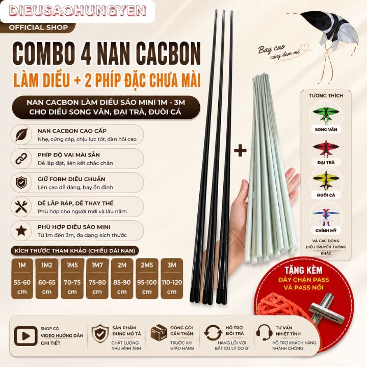Combo 4 Nan Cacbon Làm Diều (KHÔNG MÀI SẴN) + Phíp Độ Vai Diều, Nan Cacbon làm Diều Sáo Mini 1m-3m,D