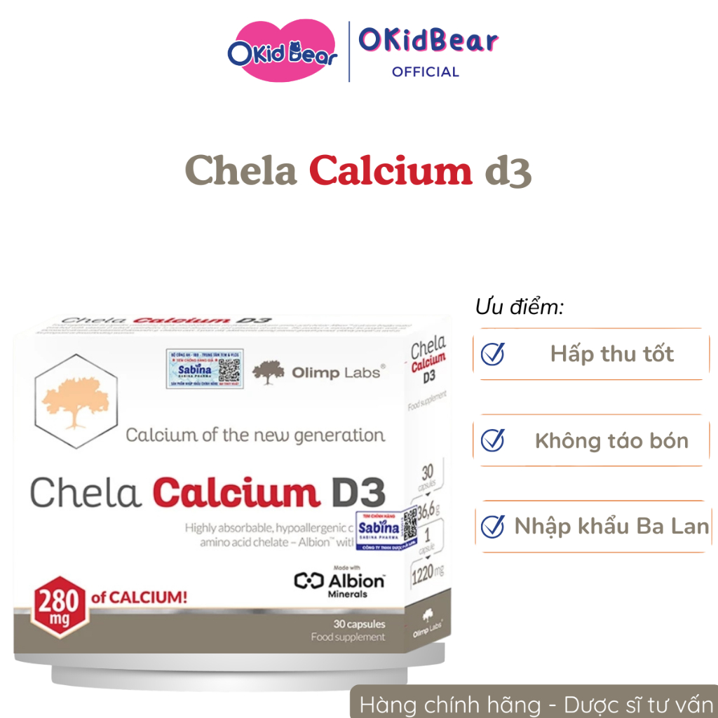 Canxi Chela Calcium D3 - Olimp Labs, Canxi và D3 Cho Bà Bầu, Sau Sinh, Trẻ Em