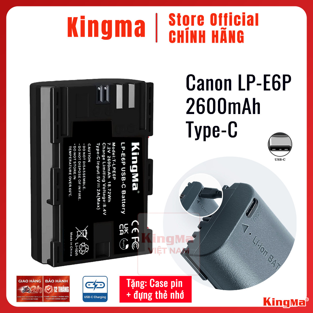 Kingma LP-E6P 2600mAh Type-C | Pin sạc trực tiếp máy ảnh Type-C Canon EOS R63 R52 R R52 R6 R5 5D2 5D
