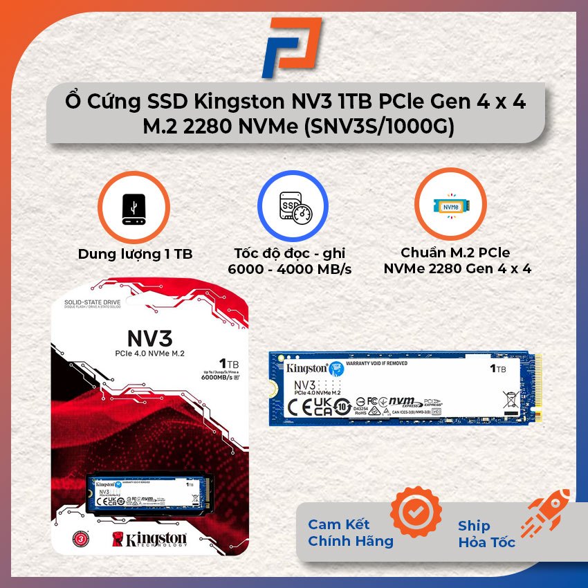 Ổ Cứng SSD Kingston NV3 1TB PCle Gen 4 x 4 M.2 2280 NVMe (SNV3S/1000G) - Bảo hành 60 tháng chính hãn