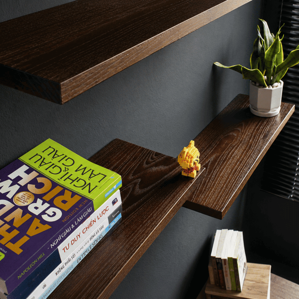 Kệ treo tường kệ bay Akai Kraft gỗ sồi nga nguyên tấm vít âm 60/80/100cm decor set up góc làm việc, 