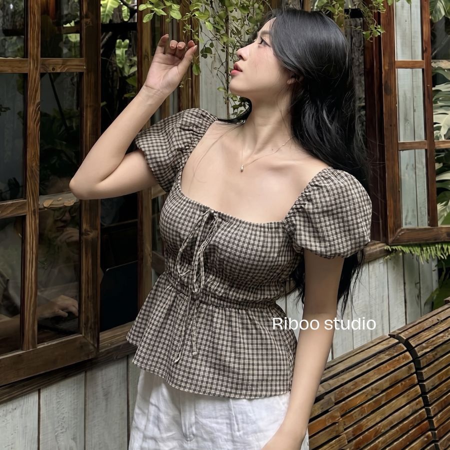 Áo Babydoll Trễ Vai Caro Lưng Chun Kiểu Xinh Tay Phồng Tiểu Thư Công Chúa Mùa Hè Riboo AO016