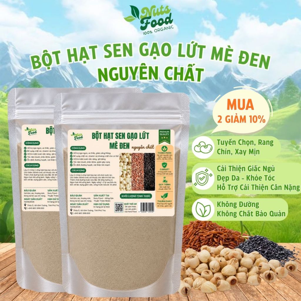 Bột hạt sen gạo lứt mè đen nguyên chất Nuts Food 500g - An thần, bổ máu, lợi sữa, đẹp da khỏe tóc
