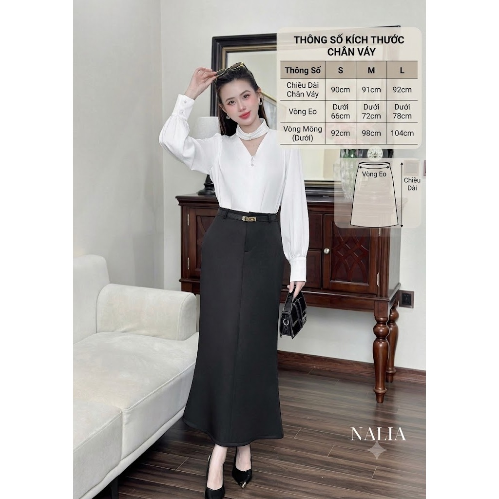 NALIA ELVA -  chân váy  dáng dài vải chéo hàn, đuôi cá nhẹ