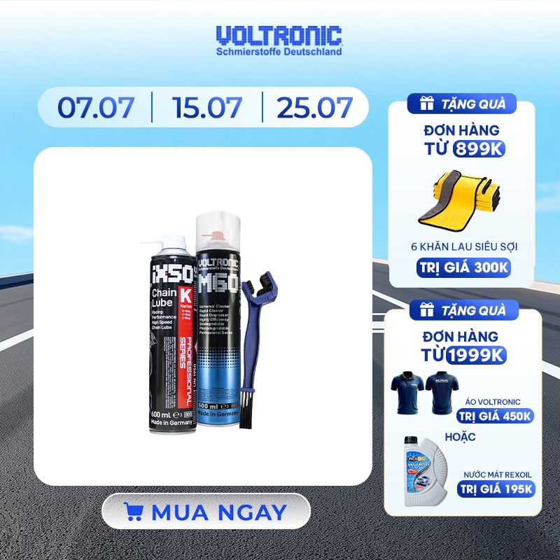 Combo vệ sinh bảo dưỡng sên nhập khẩu Đức VOLTRONIC m60+ ix50 600ml JUMBO + bàn chải
