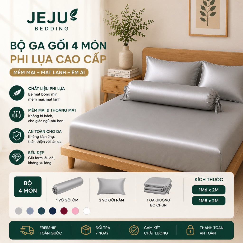 Bộ ga gối 4 món JejuBedding chất liệu phi lụa nhiều màu, ga bo chun mát mịn