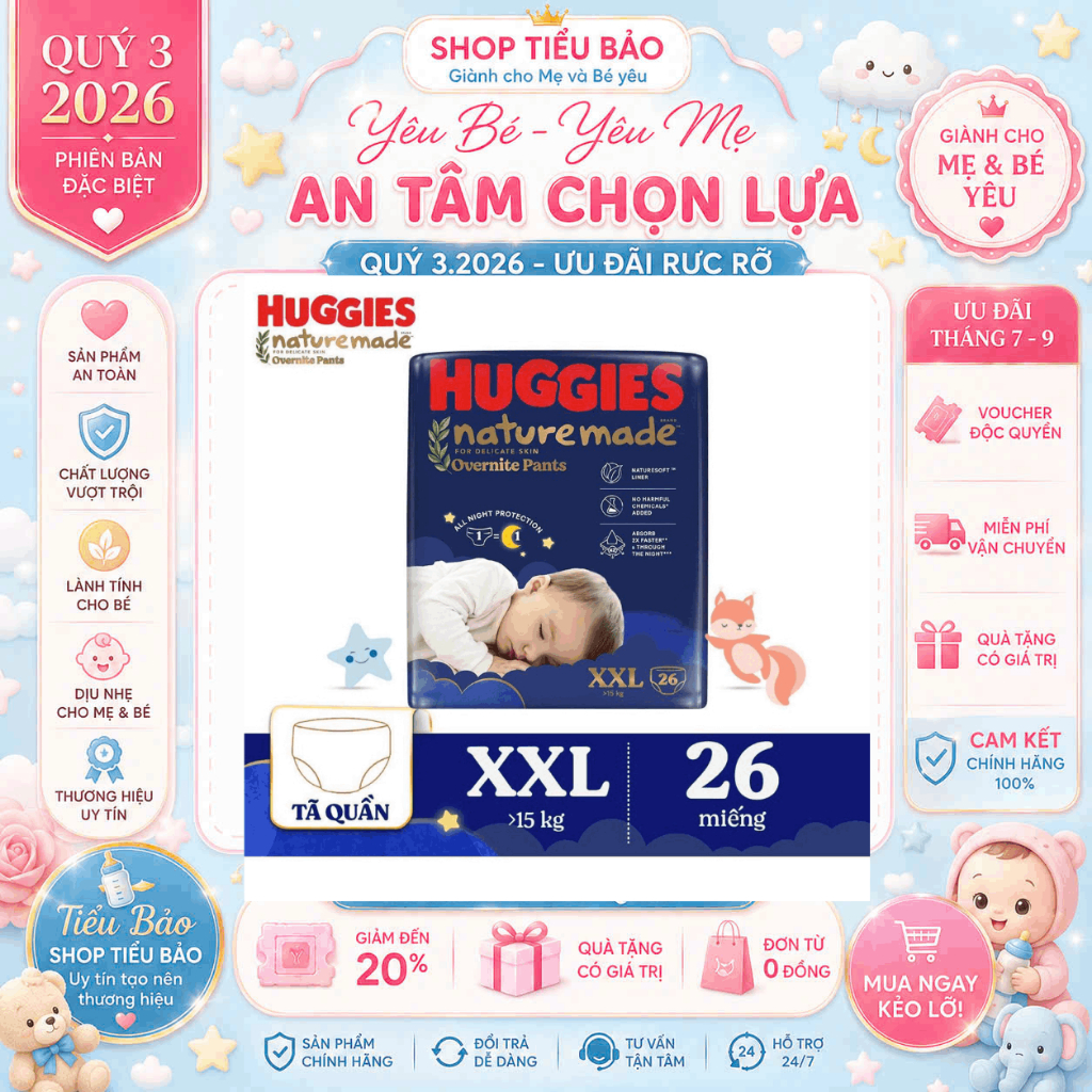Bỉm Đêm Huggies Nature Made size M/L/XL/XXL EC cho bé - tieubao