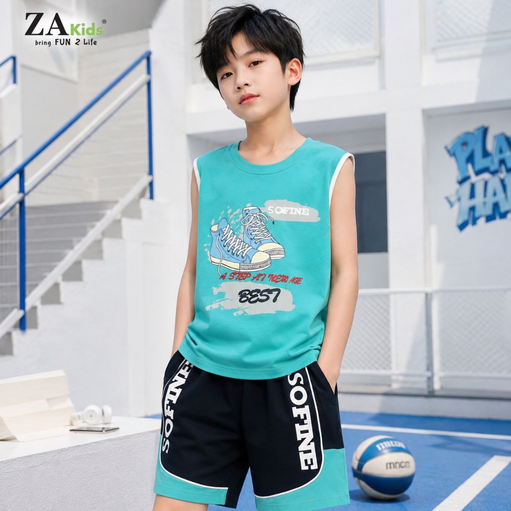 (Size 12kg-64kg)Đồ Bộ Sát Nách Thun Cotton 4 Chiều Cao Cấp Mịn Mặc Nhà Cho Bé Trai Zakids ZAB2338