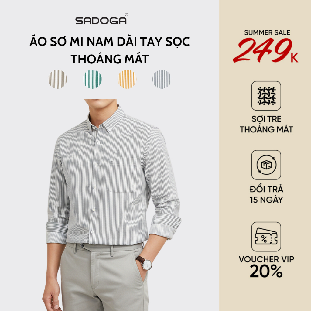 Áo Sơ Mi Nam Sadoga Dài Tay Classic Có Túi, Hạn Chế Nhăn Mềm Mịn  S-W25SL02C