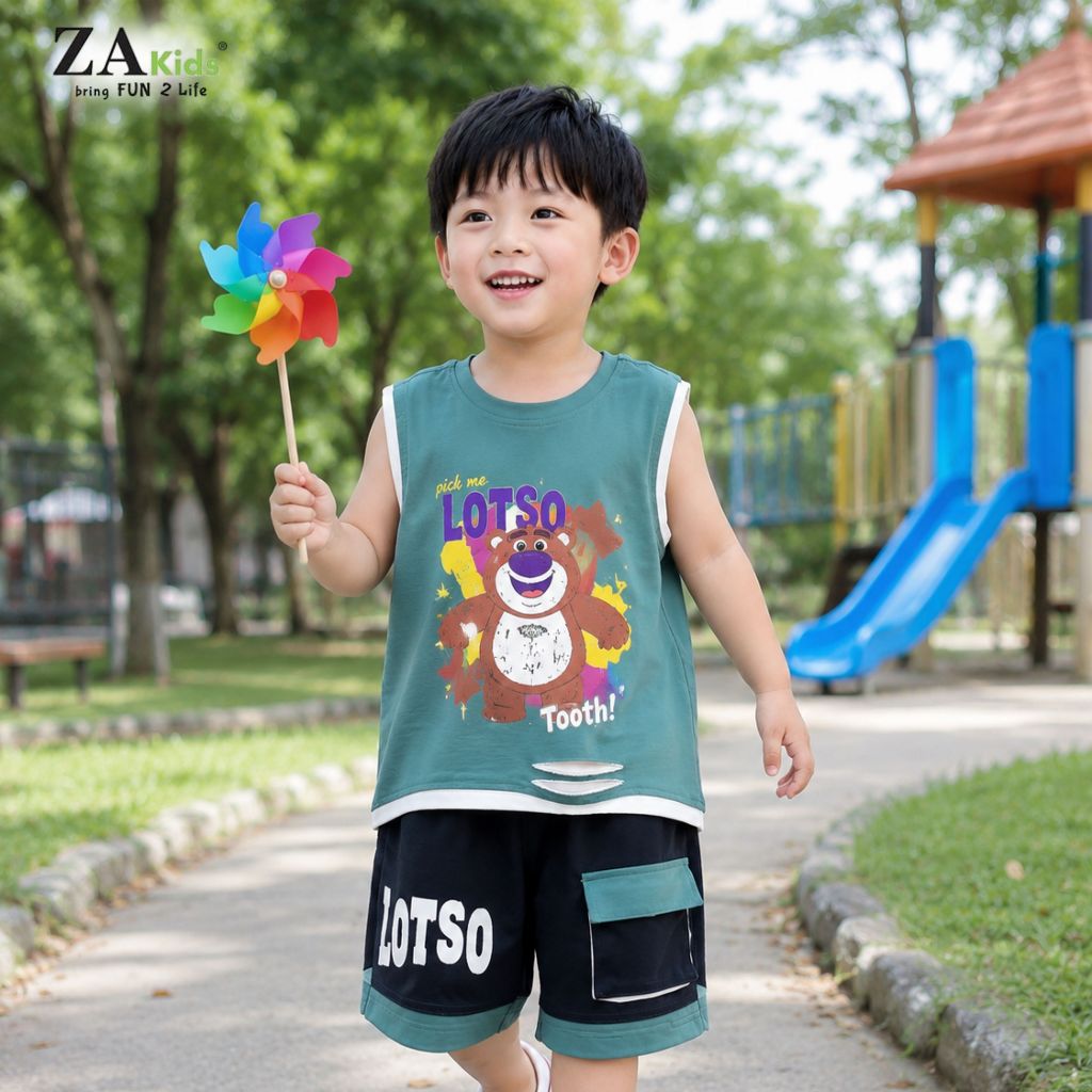 Bộ Quần Áo Thun Cotton 4 Chiều Cao Cấp Sát Nách In Gấu LotSo Cho Bé Trai ZAkids ZAB2339
