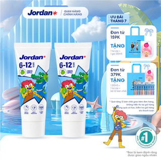 Combo 2 tuýp kem đánh răng Jordan cho trẻ em vị táo bước 2 cho bé 6-12 tuổi - 75g, xuất xứ Na Uy