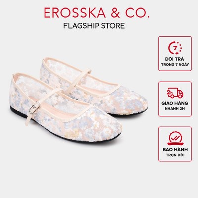 EROSSKA (Form lớn lùi 1 size) - Giày balletcore phối lưới thêu hoa dịu dàng style vintage màu hồng trắng - EL131